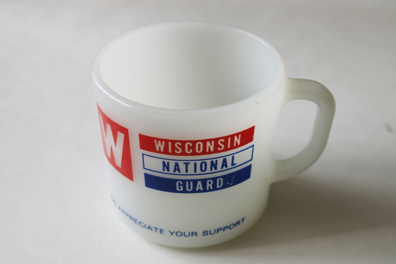 photo of vintage milk glass coffee cup Wisconsin National Guard red white blue print advertising mug  #1