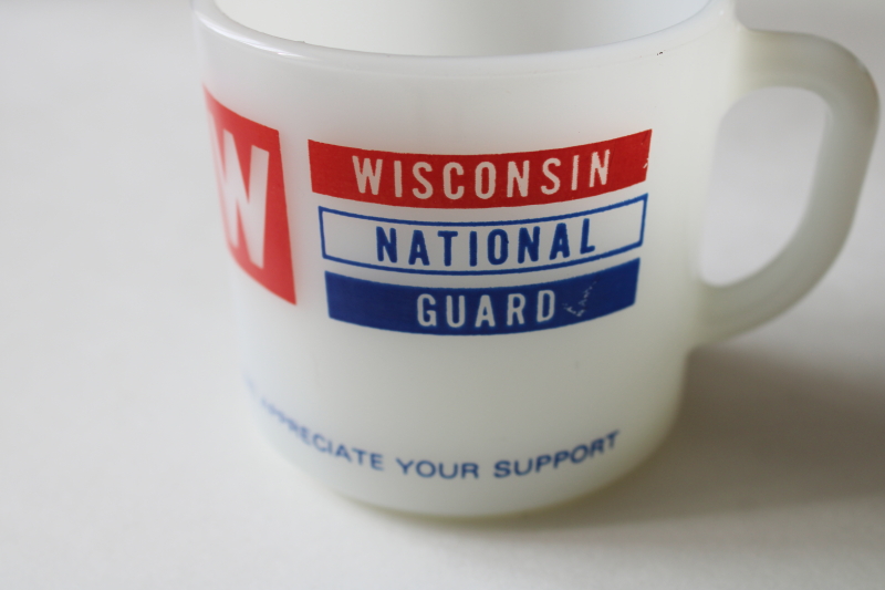 photo of vintage milk glass coffee cup Wisconsin National Guard red white blue print advertising mug #2
