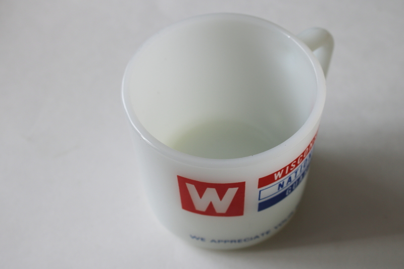 photo of vintage milk glass coffee cup Wisconsin National Guard red white blue print advertising mug #3