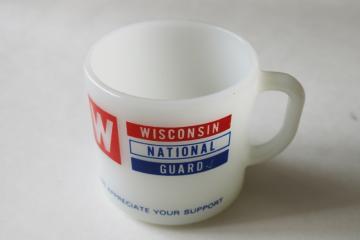 catalog photo of vintage milk glass coffee cup Wisconsin National Guard red white blue print advertising mug 