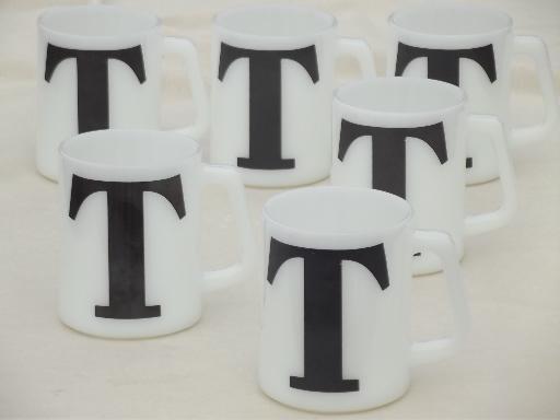 photo of vintage milk glass coffee mugs, letter T monogram initial in chalkboard black #1