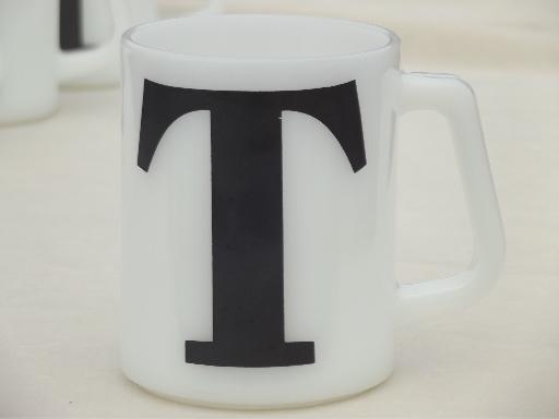 photo of vintage milk glass coffee mugs, letter T monogram initial in chalkboard black #2