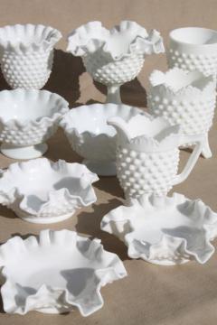 catalog photo of vintage milk glass collection Fenton hobnail pattern, lot of vases, candle holders, dishes 