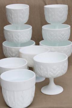 catalog photo of vintage milk glass, collection of oak leaf pattern glass compotes & planters