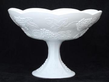 catalog photo of vintage milk glass compote bowl, Indiana harvest grapes pattern milk glass 