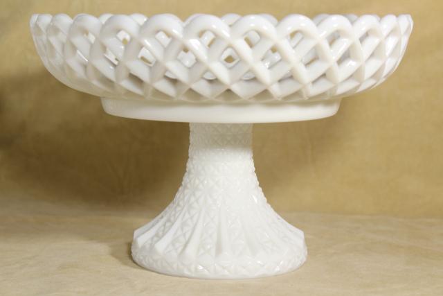 photo of vintage milk glass compote bowl, lace edge daisy & button pattern pedestal dish #2