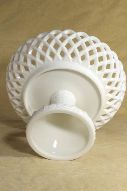 photo of vintage milk glass compote bowl, lace edge daisy & button pattern pedestal dish #6