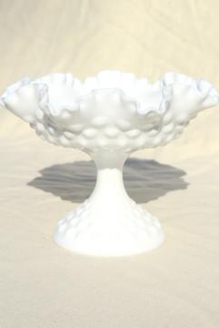 catalog photo of vintage milk glass compote, hobnail pattern candy dish or dessert stand