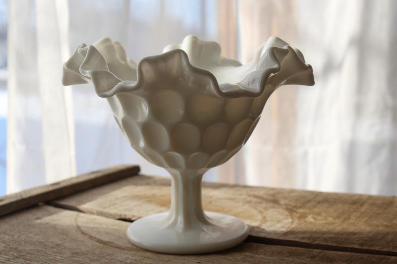 photo of vintage milk glass compote or candy dish, Fenton thumbprint pattern glass #5