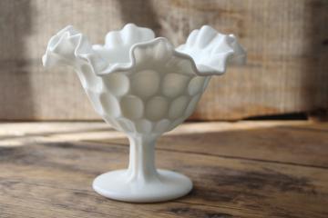 catalog photo of vintage milk glass compote or candy dish, Fenton thumbprint pattern glass