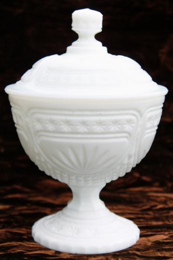 photo of vintage milk glass covered box, candy dish or small compote w/ lid, star & fan pattern #1