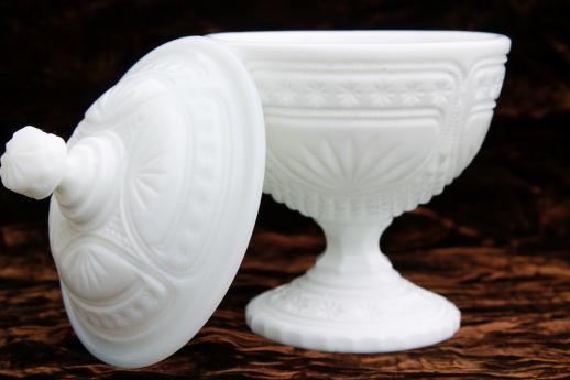 photo of vintage milk glass covered box, candy dish or small compote w/ lid, star & fan pattern #2