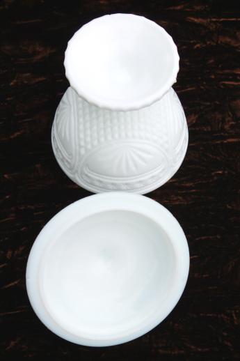 photo of vintage milk glass covered box, candy dish or small compote w/ lid, star & fan pattern #4