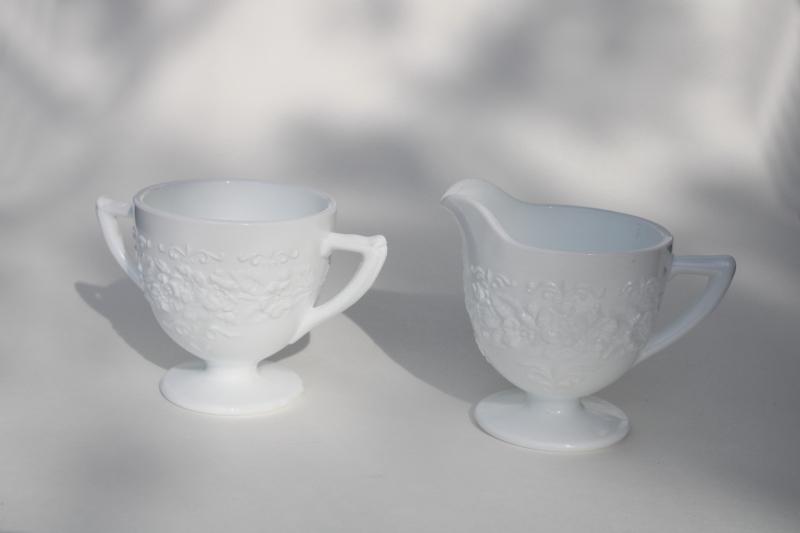 photo of vintage milk glass creamer & sugar set, orange blossom cream pitcher & bowl #1