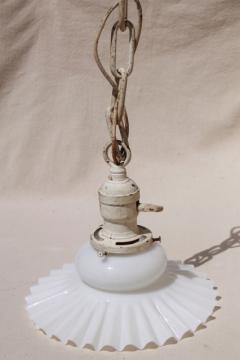 catalog photo of vintage milk glass crimped flat exposed bulb shade, antique brass pendant light w/ shabby paint