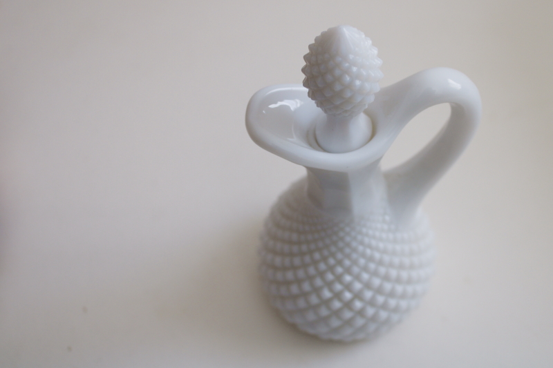 photo of vintage milk glass cruet pitcher, English hobnail pattern bottle & stopper  #4
