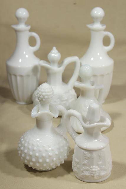 photo of vintage milk glass cruets, collection pressed pattern glass cruet bottles #1