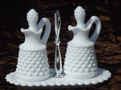 photo of vintage milk glass cruets, oil & vinegar cruet bottle set on milk glass tray #1