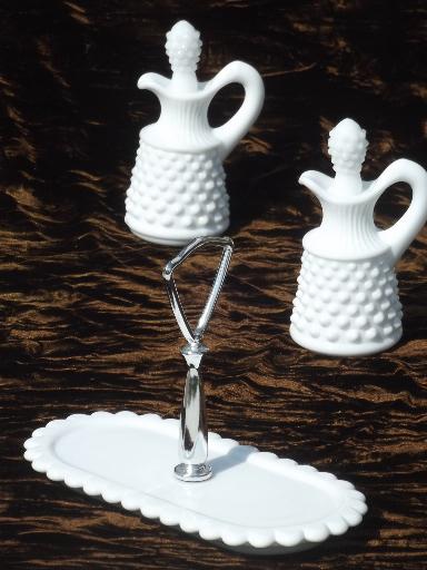 photo of vintage milk glass cruets, oil & vinegar cruet bottle set on milk glass tray #2