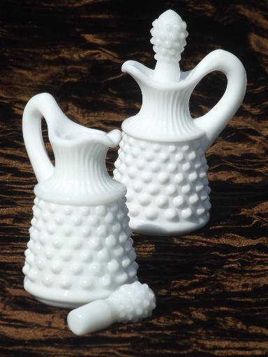 photo of vintage milk glass cruets, oil & vinegar cruet bottle set on milk glass tray #3