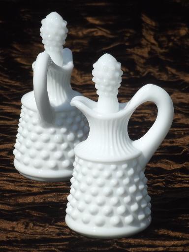 photo of vintage milk glass cruets, oil & vinegar cruet bottle set on milk glass tray #4