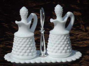 catalog photo of vintage milk glass cruets, oil & vinegar cruet bottle set on milk glass tray