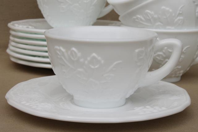 photo of vintage milk glass cups & saucers set for 8, Colony Indiana harvest grapes #2