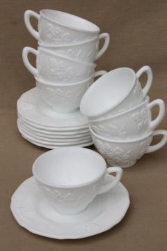 catalog photo of vintage milk glass cups & saucers set for 8, Colony Indiana harvest grapes