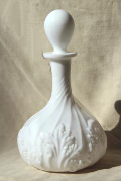 catalog photo of vintage milk glass decanter bottle w/ tall glass stopper, Portieux Vallerysthal France