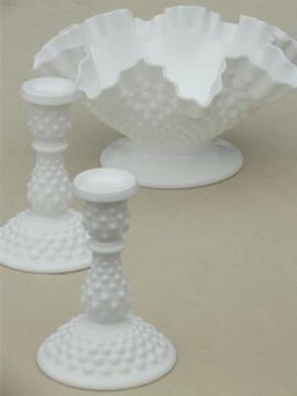 catalog photo of vintage milk glass flower bowl & candle sticks, Fenton hobnail milk glass