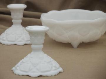 catalog photo of vintage milk glass flower bowl & candlesticks, old quilt star pattern