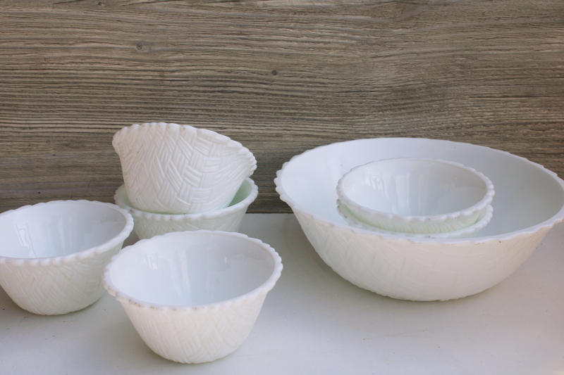 photo of vintage milk glass flower bowls, basket pattern glass large centerpiece & individual baskets #1