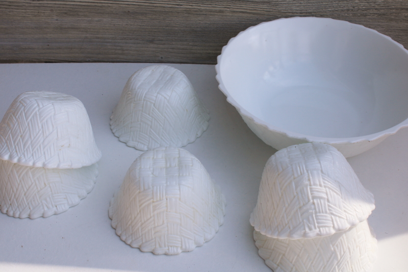 photo of vintage milk glass flower bowls, basket pattern glass large centerpiece & individual baskets #3