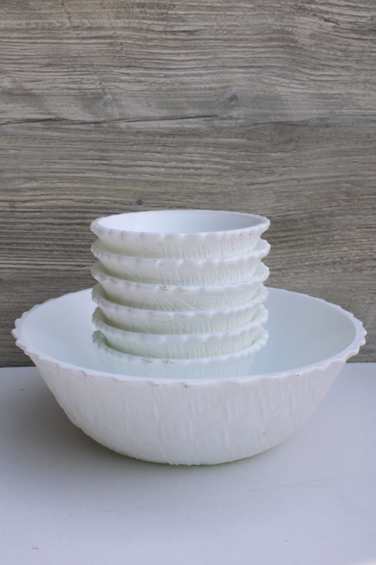 photo of vintage milk glass flower bowls, basket pattern glass large centerpiece & individual baskets #5