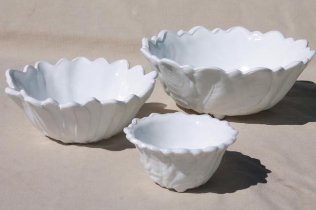 photo of vintage milk glass flower bowls stack, nesting wild rose & sunflower pattern bowls #1