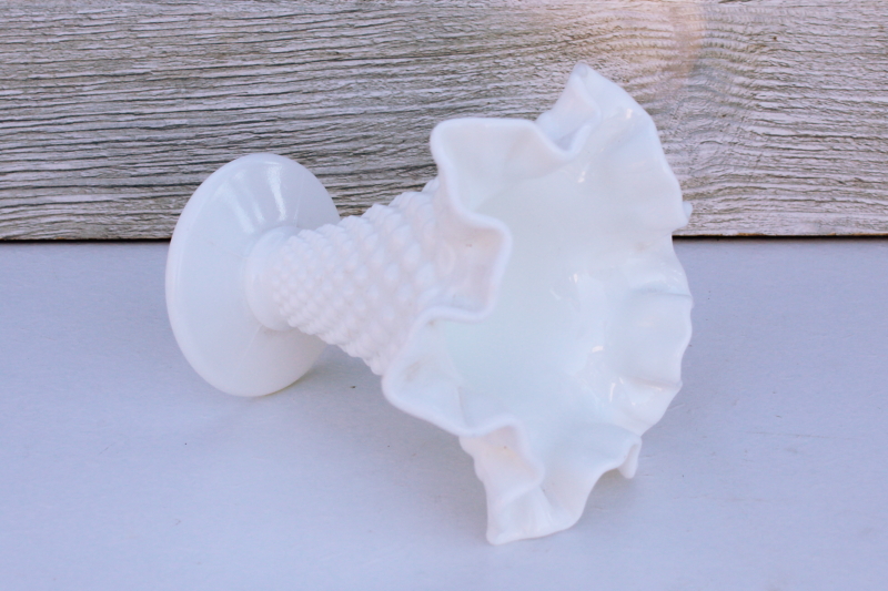 photo of vintage milk glass flower vase, Fenton hobnail glass trumpet shape vase w/ crimped edge #2