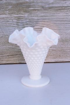 photo of vintage milk glass flower vase, Fenton hobnail glass trumpet shape vase w/ crimped edge