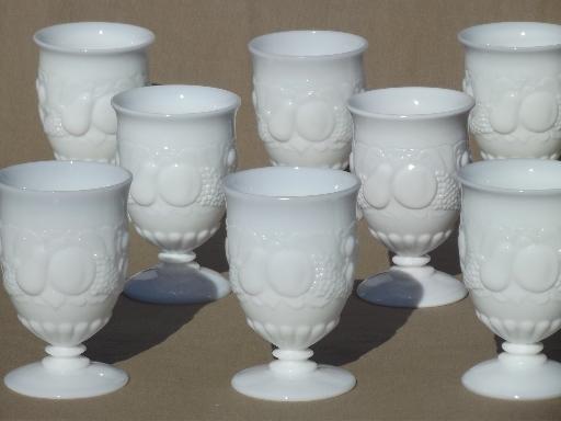 photo of vintage milk glass footed tumblers, Della Robbia fruit Westmoreland glasses #1