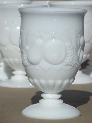 photo of vintage milk glass footed tumblers, Della Robbia fruit Westmoreland glasses #2