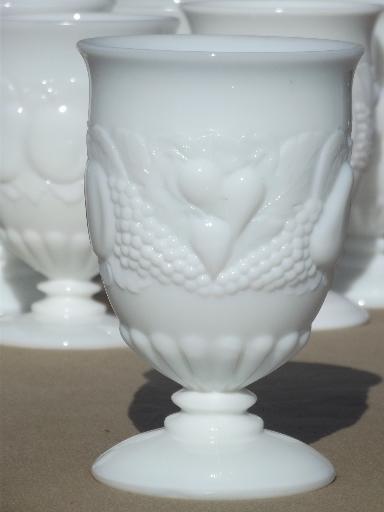 photo of vintage milk glass footed tumblers, Della Robbia fruit Westmoreland glasses #3