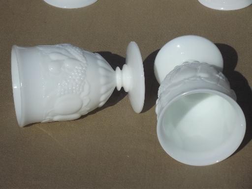 photo of vintage milk glass footed tumblers, Della Robbia fruit Westmoreland glasses #4