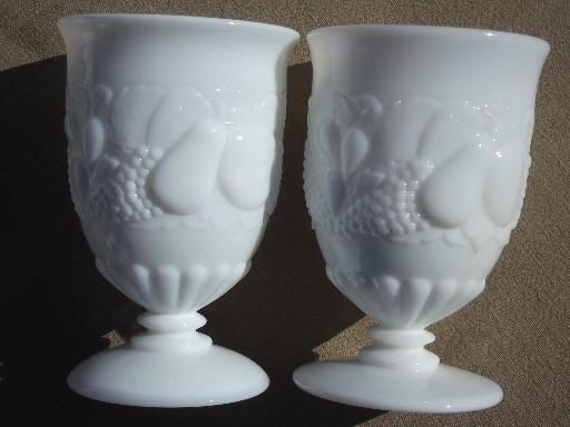 photo of vintage milk glass footed tumblers, Della Robbia fruit Westmoreland glasses #7