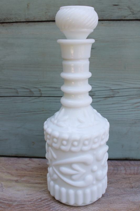 photo of vintage milk glass genie bottle, Jim Beam liquor bottle decanter w/ stopper #1