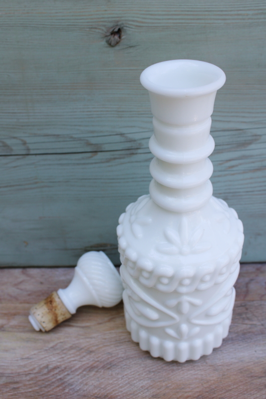 photo of vintage milk glass genie bottle, Jim Beam liquor bottle decanter w/ stopper #2