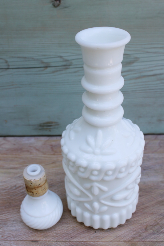 photo of vintage milk glass genie bottle, Jim Beam liquor bottle decanter w/ stopper #5