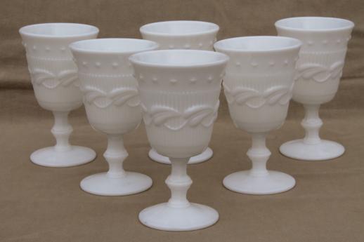 photo of vintage milk glass goblets, wine glasses set Fostoria Betsy Ross / Wistar pattern #1