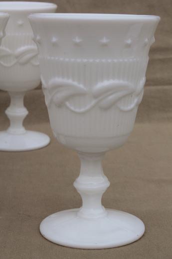 photo of vintage milk glass goblets, wine glasses set Fostoria Betsy Ross / Wistar pattern #2