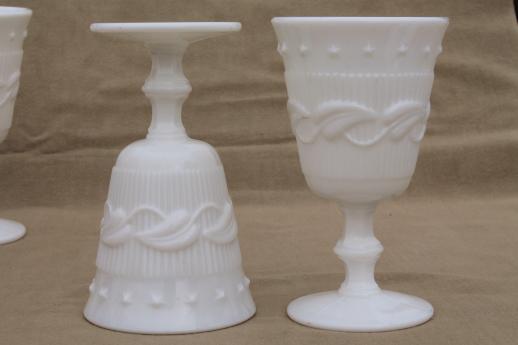 photo of vintage milk glass goblets, wine glasses set Fostoria Betsy Ross / Wistar pattern #4