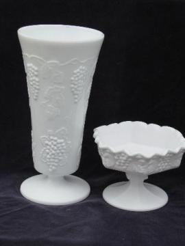 catalog photo of vintage milk glass, grapes pattern - Imperial crimped dish, tall Indiana vase