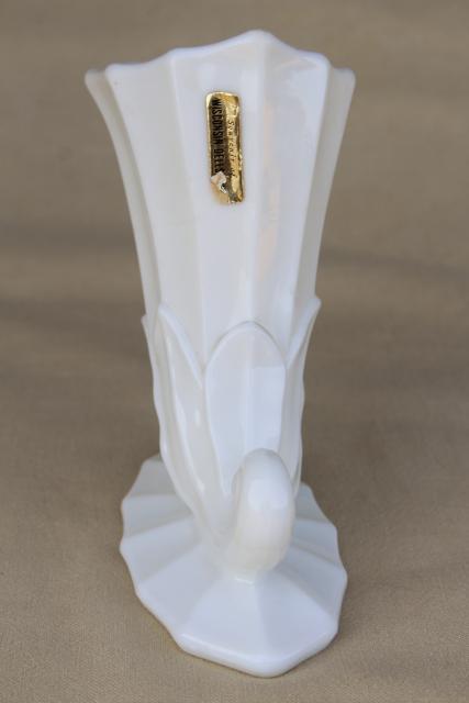photo of vintage milk glass horn of plenty cornucopia vase, Westmoreland lotus pattern #5